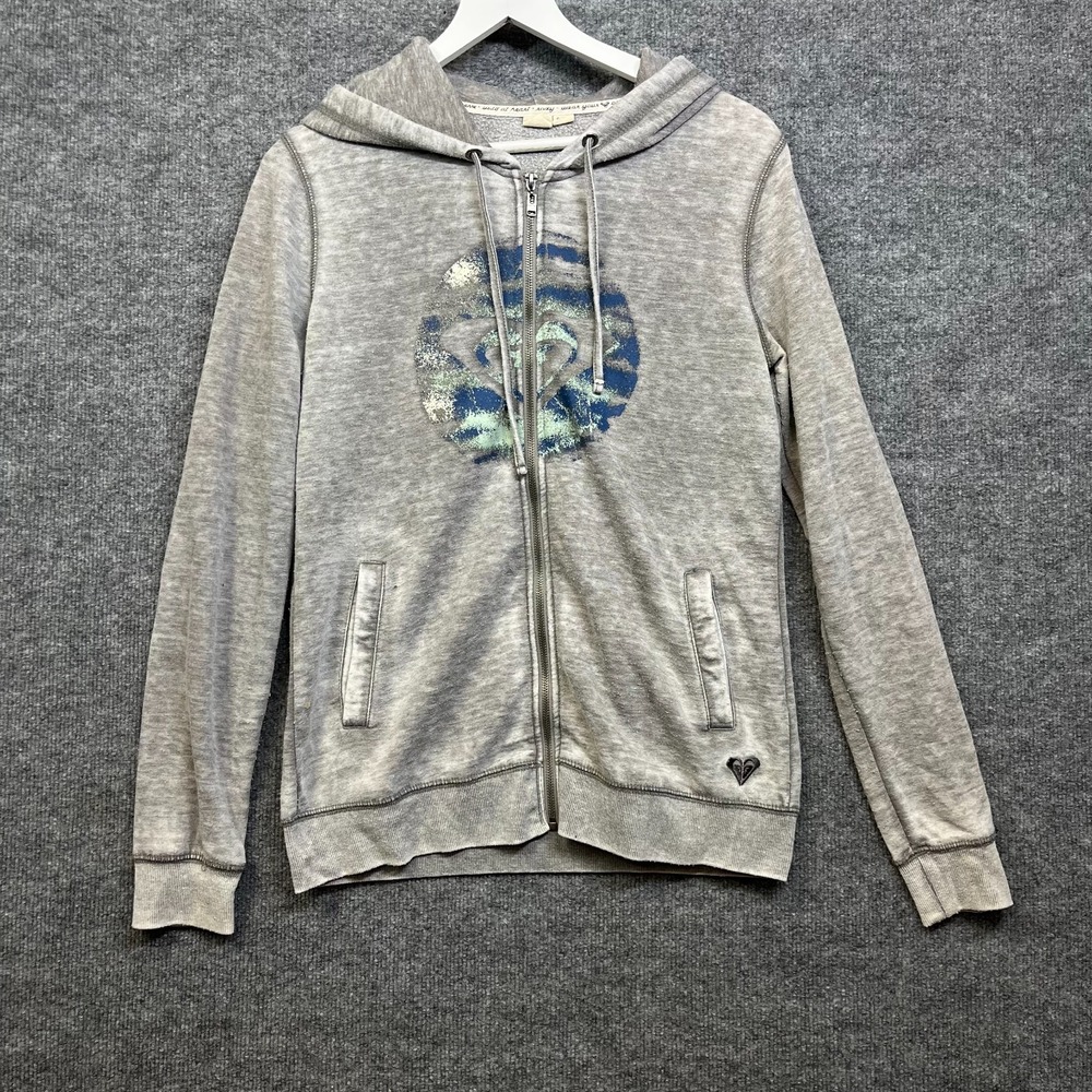 Roxy Full Zip Hoodie Women's Gray Graphic Fleece Drawstring Long Sleeve - XL